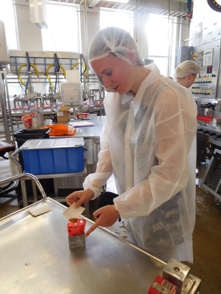 Kristin trying fresh made brunost while it is still soft and warm