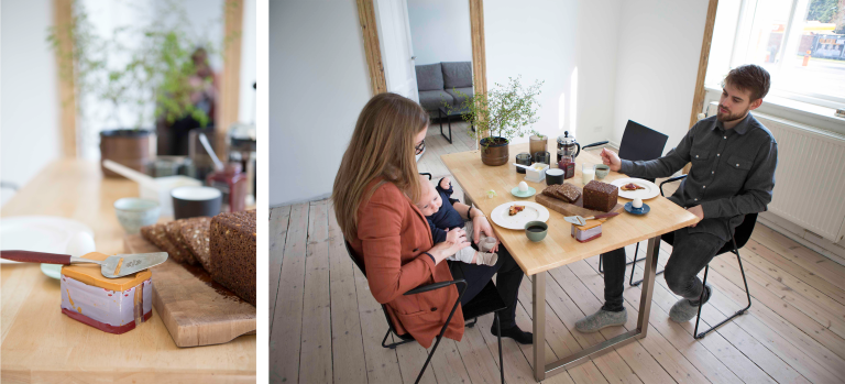 Aleksandr, Amalie and their kid is having breakfast with brunost